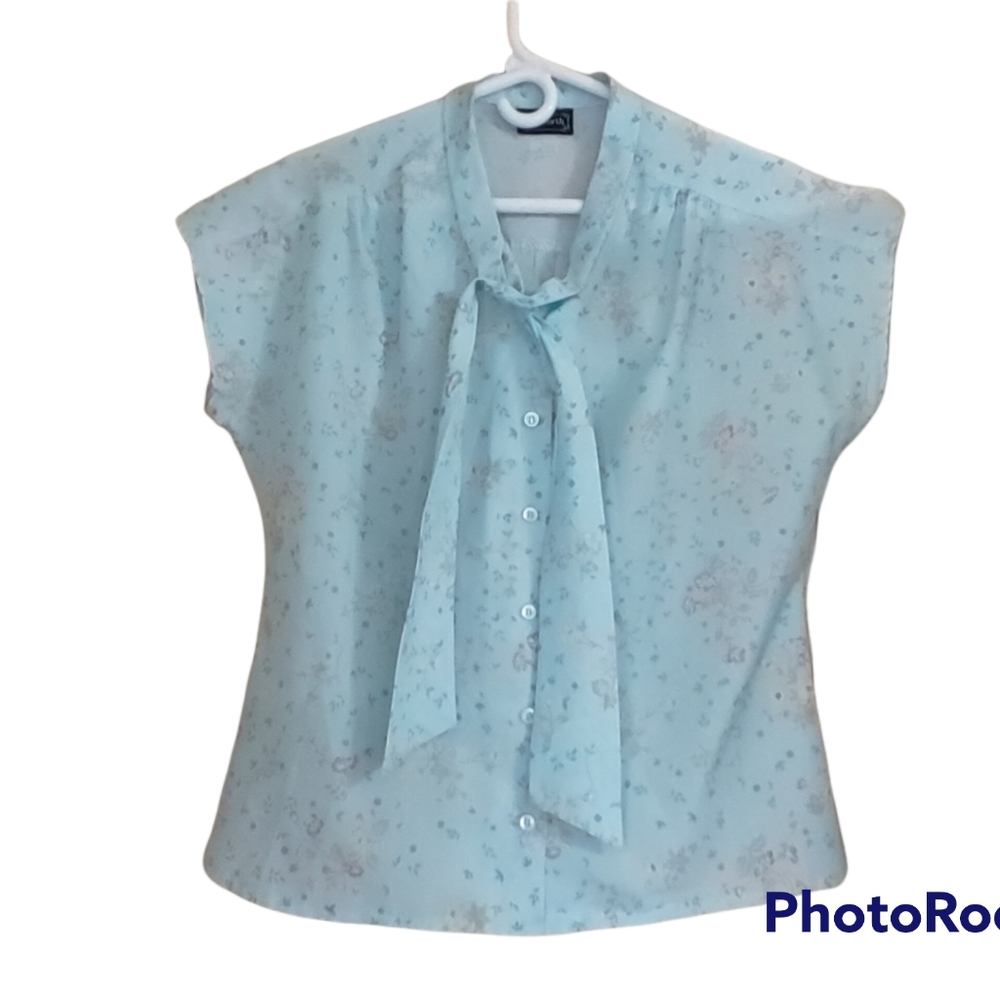 Vintage Bon Worth Floral Sheer Toe Neck Short Sleeved Secretary Blouse